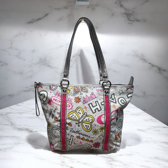 Coach Vintage Poppy Metallic Bandana Graffiti Butterfly Shoulder Bag Tote Purse - Picture 1 of 16